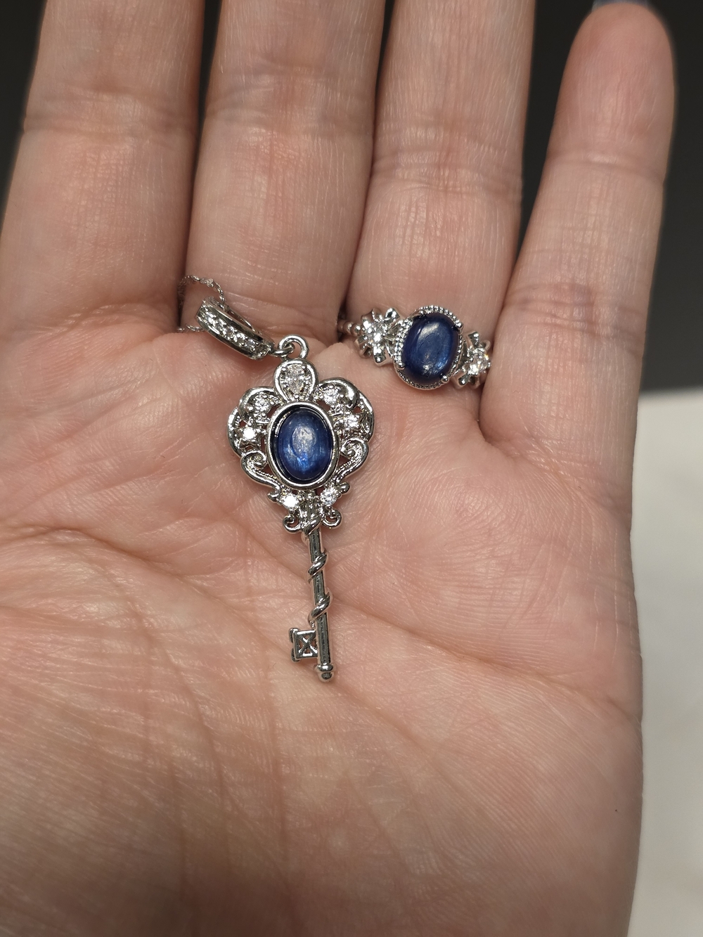 Silver Tone Key Pendant and Matching Ring with Blue Kyanite Cabochons